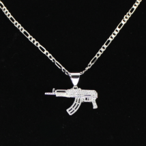 AK47 Gun iced Cz Pendant Silver Plated 20&quot; Figaro Chain Men&#39;s Necklace H... - £5.15 GBP