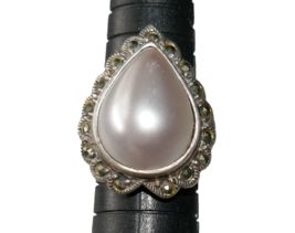 Sterling Silver 925 Tear Drop Faux Pearl Marcasite Ring Size 6.5 - £31.46 GBP