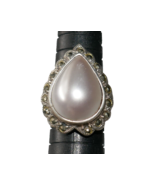 Sterling Silver 925 Tear Drop Faux Pearl Marcasite Ring Size 6.5 - $54.32 CAD