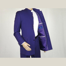 Mens Apollo  King  Banded Collarless suit Chinese Mandarin Wide leg AG95 Purple image 5