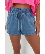 Drawstring High Waist Denim Shorts with Pockets - $58.61 CAD