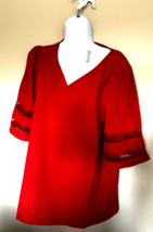 Women&#39;s Red V Neck Mesh Panel Blouse L 3/4 Bell Sleeve Loose Top Shirt - £16.99 GBP