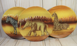 Africa Safari Plates 3 Elephant Giraffe Zebra Stoneware 6&quot; Round Hand Painted. - £11.99 GBP