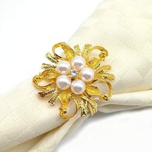 Gold Napkin Rings Set Of 6 Flower Pearl Napkin Ring Bulk Holders For Weddin Home - £24.72 GBP