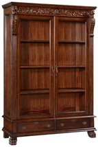 Bookcase Carved Lion Heads Claw Foot Mahogany, Antiqued Hardware, 2 Door Drawers - £2,995.29 GBP