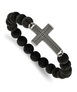 Men&#39;s Antiqued Stainless Steel Lava Stone Beaded Cross Stretch Bracelet - £60.74 GBP