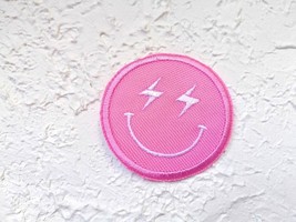 Embroidered Iron on Patch. Pink Smiley Face patch. Lightning Bolt smiley.  - $5.00+