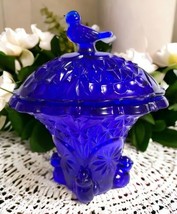 Vtg Cobalt Blue Glass Bluebird Nest Trinket Dish Lidded Bowl 5.25&quot; H x 4... - $21.78