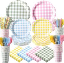 Pastel Plaid Party Tableware Set 450 Pc Plates Cups Napkins Serves 50 - $29.95