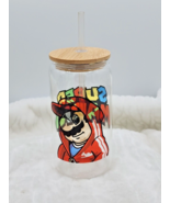 Super Mario 16 oz  Glass Can Tumbler  with  Bamboo Lid and Straw - £10.21 GBP