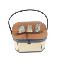 Vtg 70s Mid Century Modern MCM Wood Leather Handle Owl Vanity Case Makeu... - £110.87 GBP