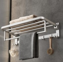 24 Inch Towel Rack with Towel Bar Holder Foldable Towel Shelf with Movable Hooks - £47.73 GBP