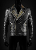 New Versace Golden Silver Studded Men&#39;s Black Cowhide Leather Jacket - £197.51 GBP