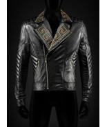 New Versace Golden Silver Studded Men&#39;s Black Cowhide Leather Jacket - £196.13 GBP