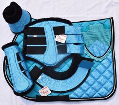 TEAL ALL PURPOSE ENGLISH SADDLE PAD MATCHY SET WITH BOOTS AND FLY BONNET - $90.97