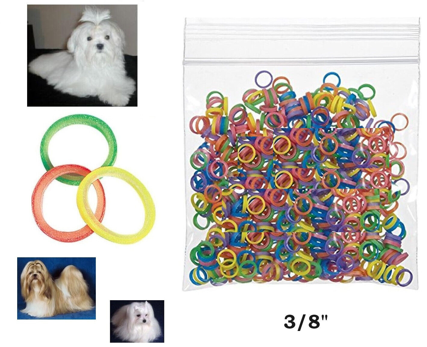 500 pc Dog Grooming COLOR Hair Bands 3/8&quot;Rosin Coated Rubber Latex Top K... - $18.99
