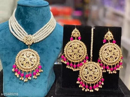 Kundan Jadau Earrings Tikka Jewelry Set Latest Limited Jadau Necklace Pink Color - £28.43 GBP