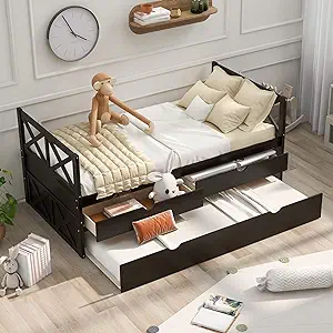 Twin Size Daybed With Storage Drawers And Trundle, Wood Twin Captains Be... - $465.99