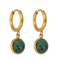Stainless Steel Green Natural Stone Hoop Earrings New Golden Metal Geometric Cha - £9.47 GBP