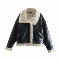 Turn Down Collar Velvet Faux Leather Coat 2022 Women Retro Pockets Aviator Jacke - £72.96 GBP