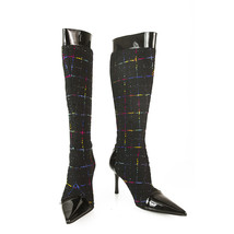 Gina Tweed Fabric Black Patent Leather Boots Slim heels Shoes Back Zippe... - $4,354.42 MXN