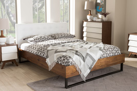 Ronda Walnut Wood White Faux Leather Dark Bronze Metal Queen Size Platfo... - $4,436.15 MXN