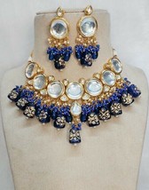 Kundan Blue hand Painted Adjustable Bollywood Necklace Earrings Jewelry Set - £30.54 GBP