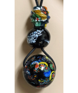 Murano Trade Bead Necklace 3 Large Beads Black Base Glass Bright Colors - £40.05 GBP