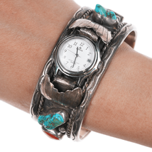 7 1/8&quot; David Garcia Santo Domingo silver, turquoise, and coral watch cuff - £197.09 GBP