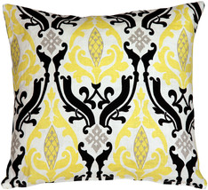 Linen Damask Print Yellow Black 16x16 Throw Pillow, with Polyfill Insert - £35.14 GBP