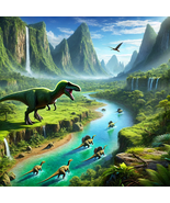 Epic Dinosaur Jungle Landscape | Fantasy Digital Art | Giant River &amp; Mou... - $19.99