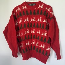 Vtg Nethy Products Shetland Wool Sz Med Deer Trees Sweater Red Holiday Christmas - £23.42 GBP