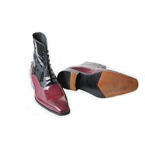 Men Two Tone Patent Leather Boots, Men Brogue Black And Burgundy Ankle Boot 2019 - £122.14 GBP