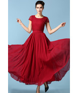 Unomatch Women&#39;s Elegant Long Length Pleated Skirt  Dress Red - £27.23 GBP
