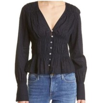 $329 Frame Women&#39;s Black Ruched Button Front Cotton Blouse Top Size XS/TP - £69.21 GBP