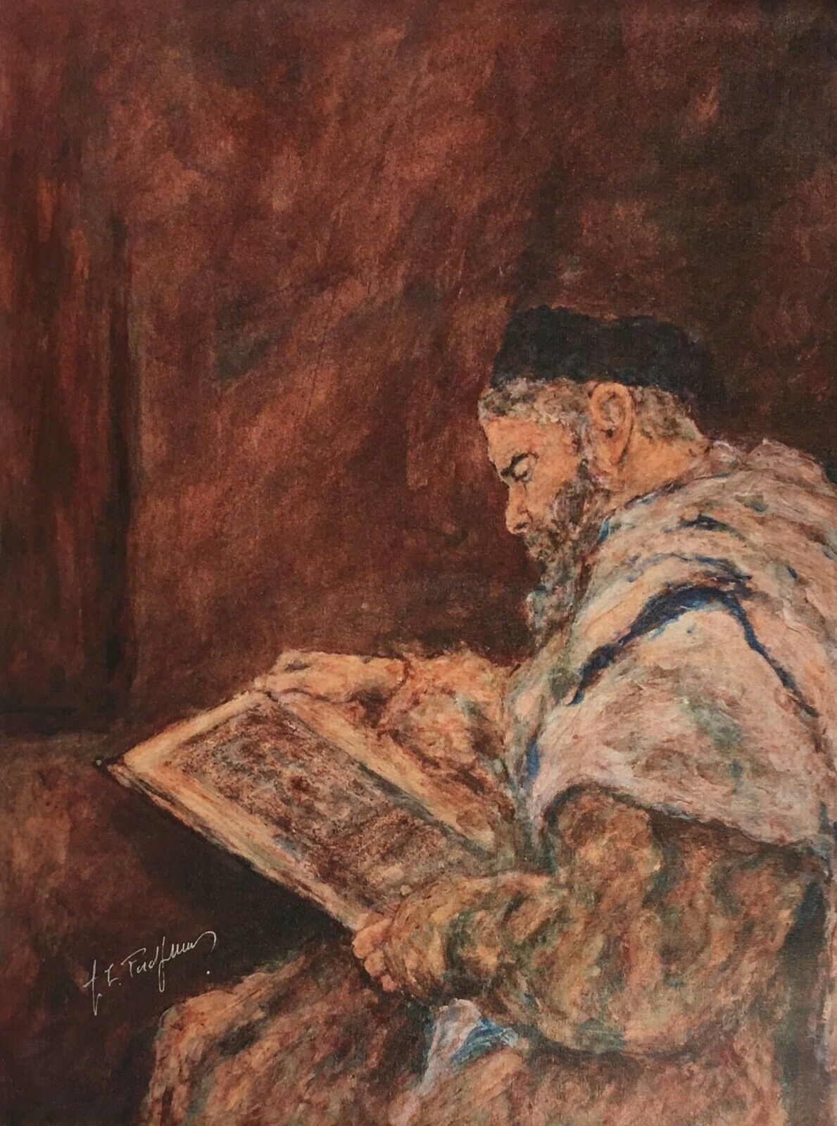 ITZHAK TORDJMAN &quot;RABBI STUDYING&quot; MIXED MEDIA ORIGINAL ON CANVAS H/S COA ... - $895.50