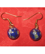 10mm WORLD INLAY GEMSTONE GLOBE GOLD STAINLESS STEEL DANGLE EARRINGS - £7.00 GBP