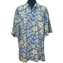 Two Palms Hawaiian Shirt Blue Yellow Hibiscus Floral Tropical Aloha Size Large - £25.09 GBP