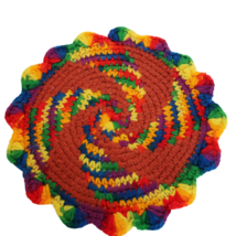 Vintage kitschy handmade knitted crocheted multicolor rainbow potholder trivet - £11.21 GBP