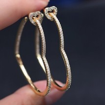 Vintage Hollow Big Heart Hoop Earrings Pave White Cubic Zircon Gold color Charm  - £17.34 GBP