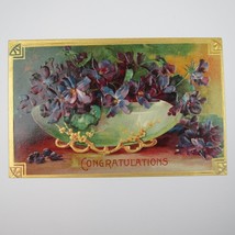 Postcard Congratulations Antique Dark Purple Crocus Flowers in Bowl Gold Gilt - £8.01 GBP
