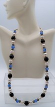 Black Lava Rock, Faux Pearls &amp; Blue Glass Bead Necklace - £7.18 GBP