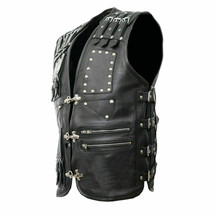 Mens Leather Waistcoat / Biker Vest Braided Fish Hook Buckle Motorcycle ... - $114.58