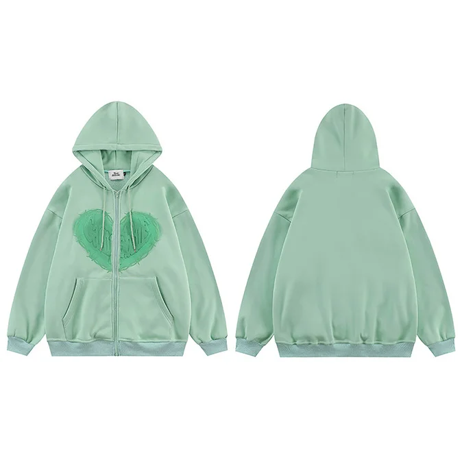Hip Hop Streetwear Hooded Jacket  Men Heart Graphic Jacket Coat  Harajuku Cotton - $375.25