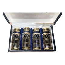 Vintage F.B. Rogers Cobalt Blue & Brass Salt Pepper Shakers Set of 4 w/ Box image 2