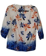 Chico&#39;s Women&#39;s 3/4 Sleeve Orange and Blue Floral Round Neck Blouse Size 2 - £14.32 GBP