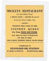 Mickey&#39;s Restaurant Pottery Queen Standard Oil Station Ad Card Zanesvill... - £12.51 GBP