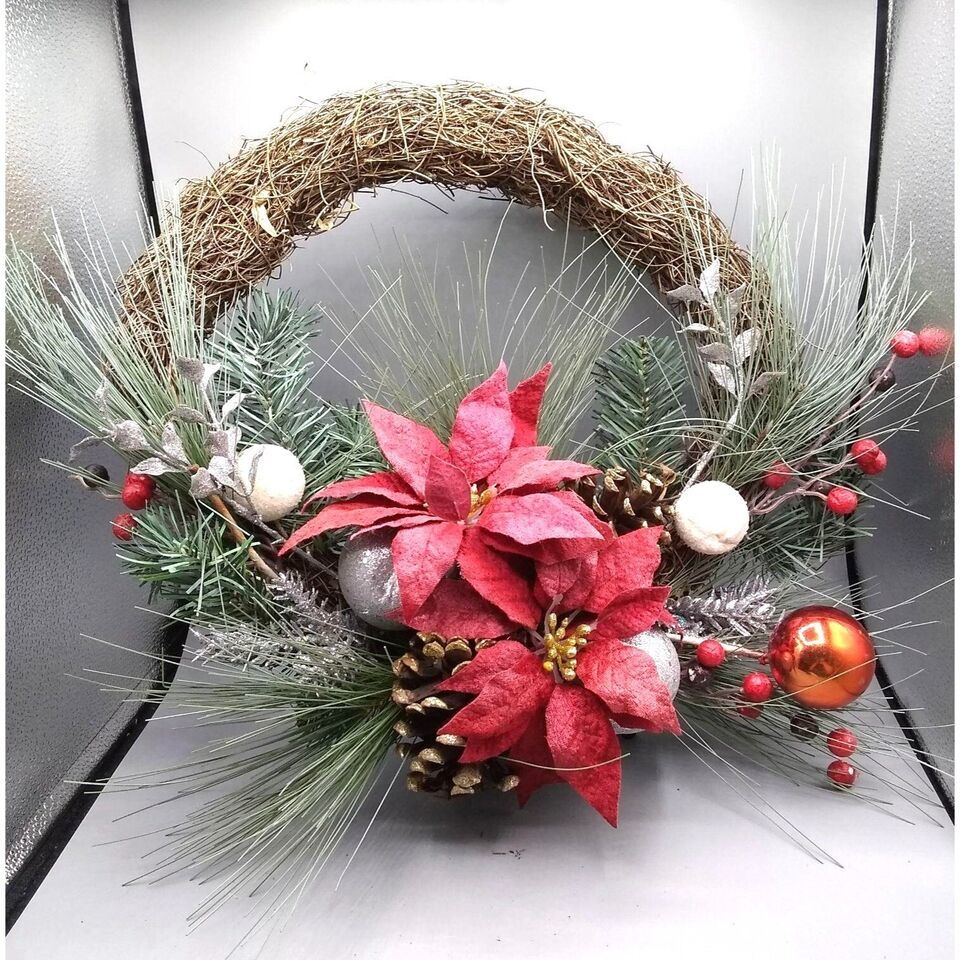 Primary image for Pine and Poinsettia Wreath, Floral Holiday Christmas, Winter Decoration