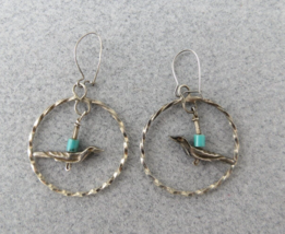 Sterling Silver Hoop Bird Earrings Turquois Bead  1.75&quot; Pierced Southwes... - £22.84 GBP
