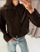 ZARA BNWT 2025. DARK BROWN LEATHER SHORT JACKET BOMBER. 8073/254/716 - $4,027.64 MXN
